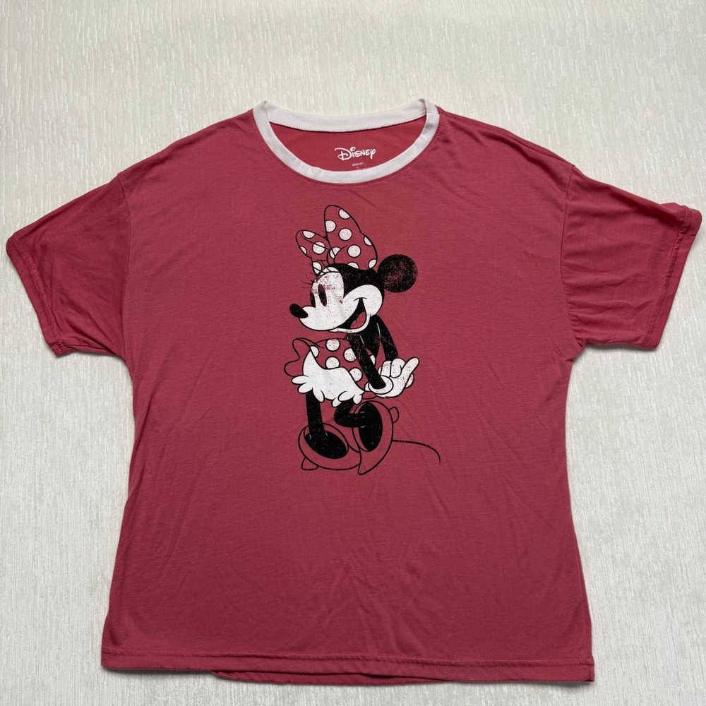 Disney Minnie Mouse Ringer T-Shirt Womens Large Mauve Pink Graphic Print JT21315